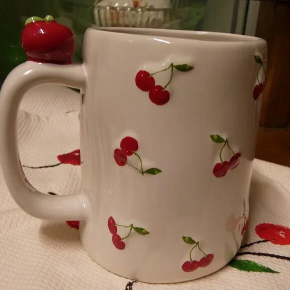 Rae Dunn, Kate Spade ceramic Cherry on Top mug and matching kitchen towel - Picture 5 of 11